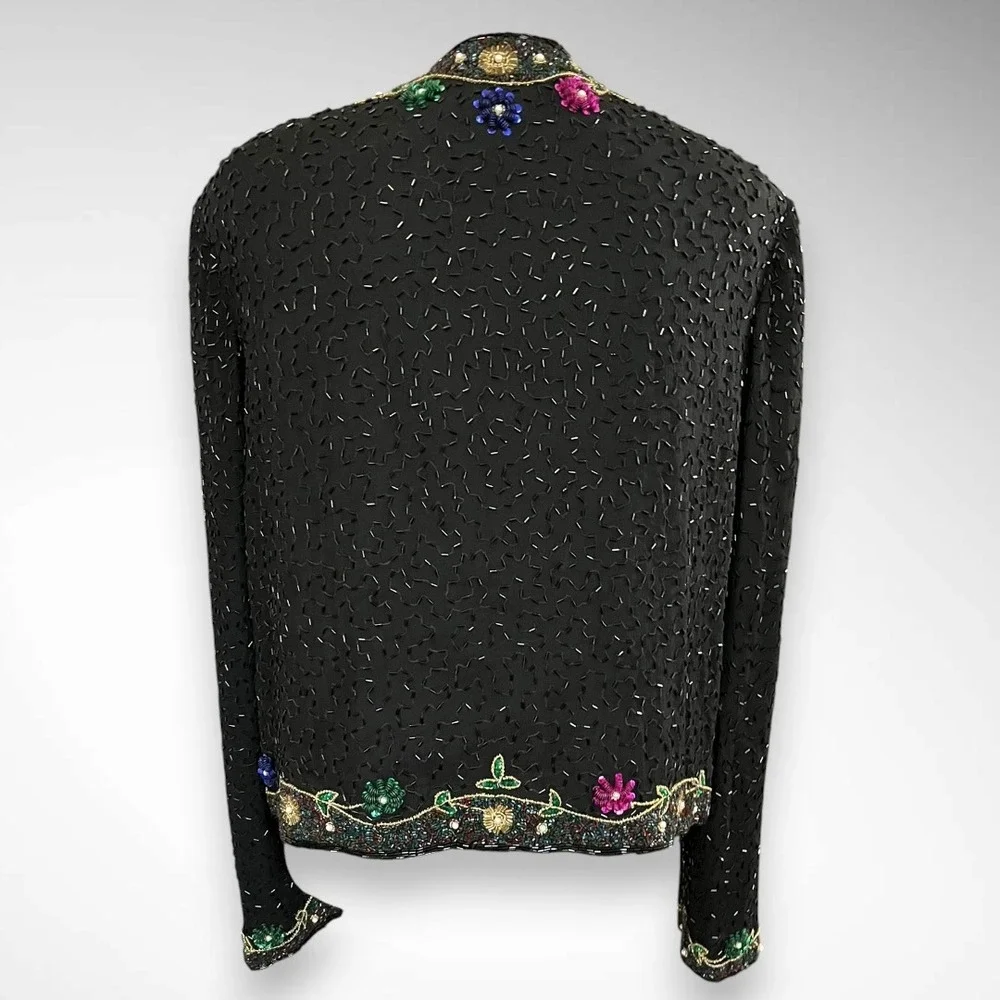 LESLIE FAY EVENINGS Vintage Beautiful Black Silk‎ Beaded Jacket Size 14 | EUC
